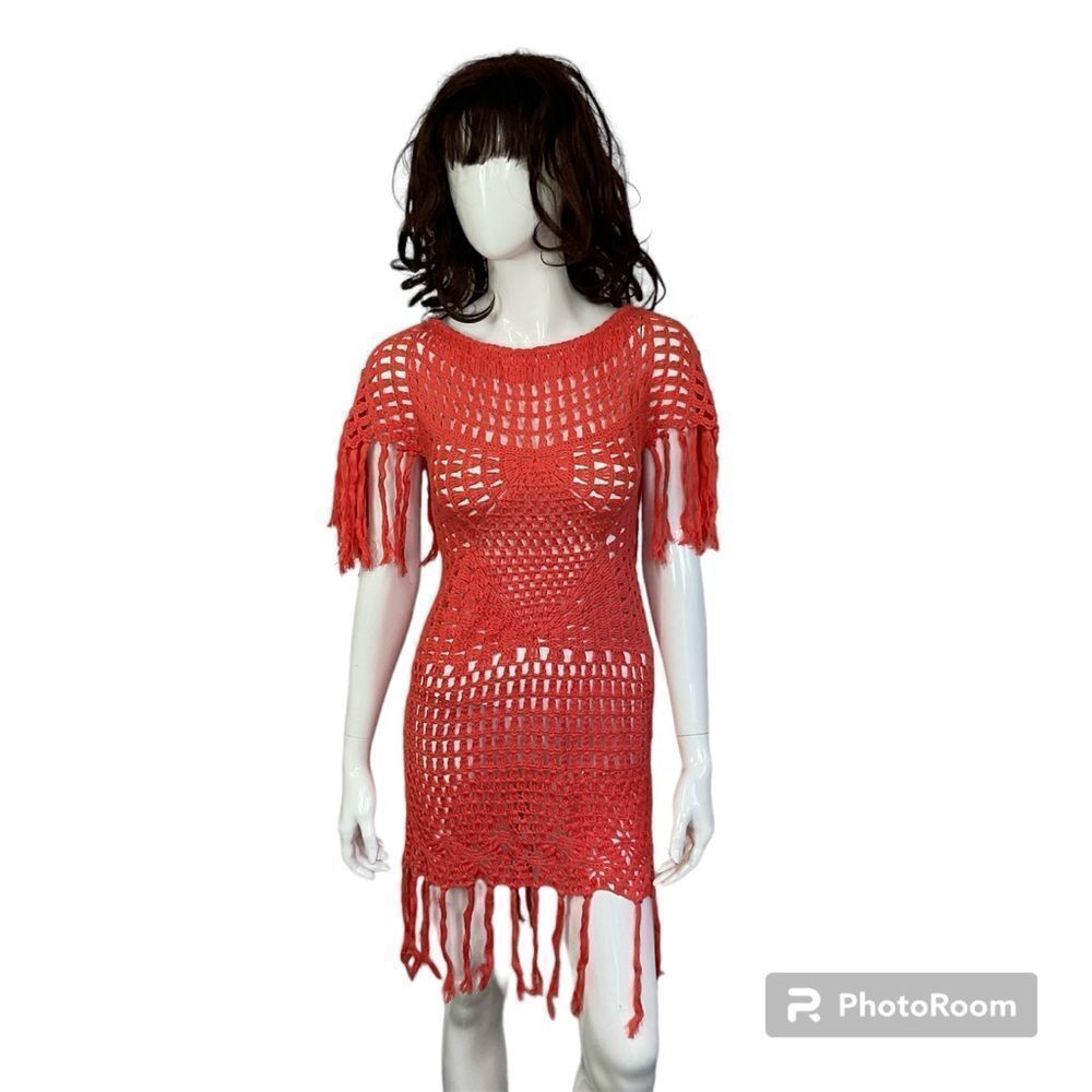 Skemo Coral Boho Coral Cotton Handmade Crochet Fringes Swim Cover Up Dress S